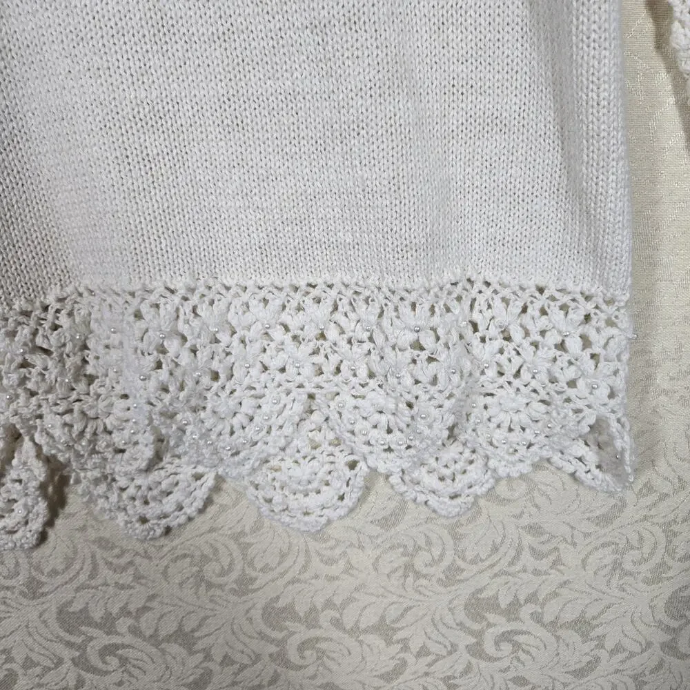 VTG Venezia Crochet Cardigan Sweater 14/16 Ivory Pearls Grandmacore Cottagecore